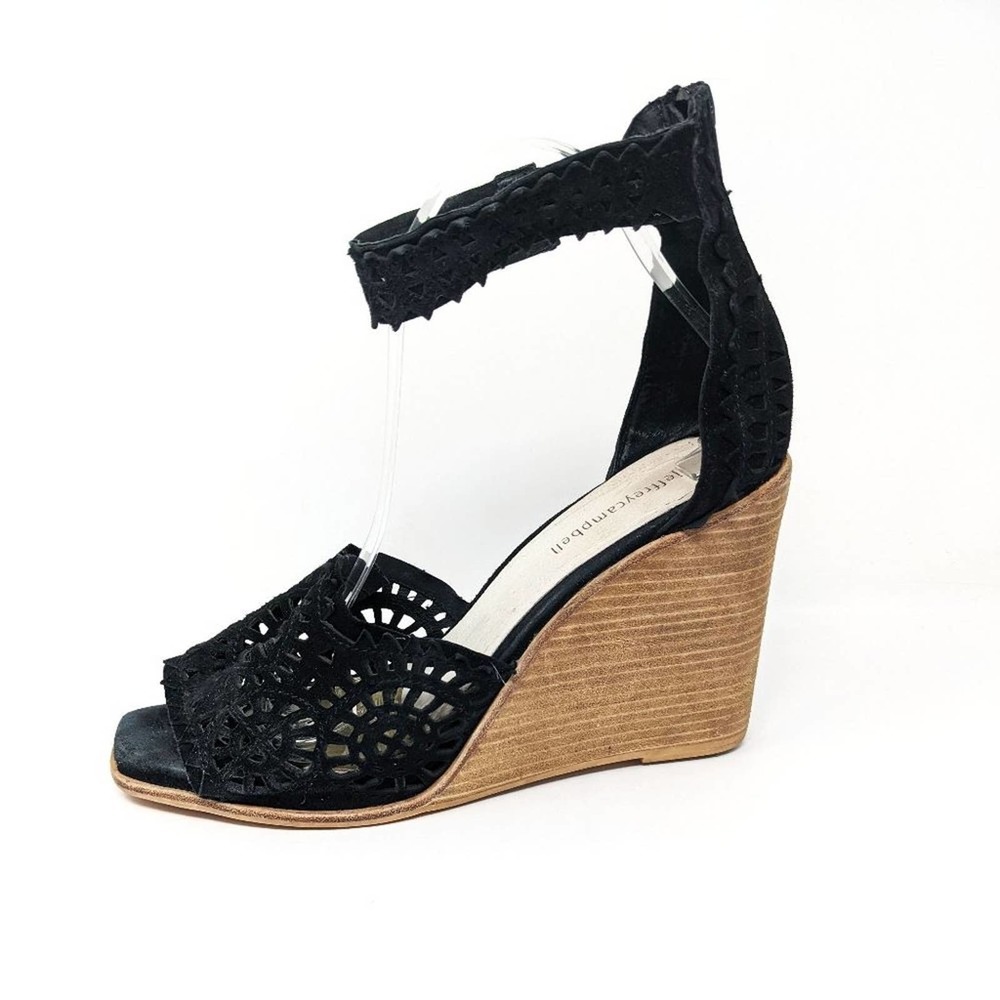 Jeffrey Campbell Womens 10 Del Sol Black Ankle Strap Open Toe Wedge Wood Sandals - Picture 2 of 11